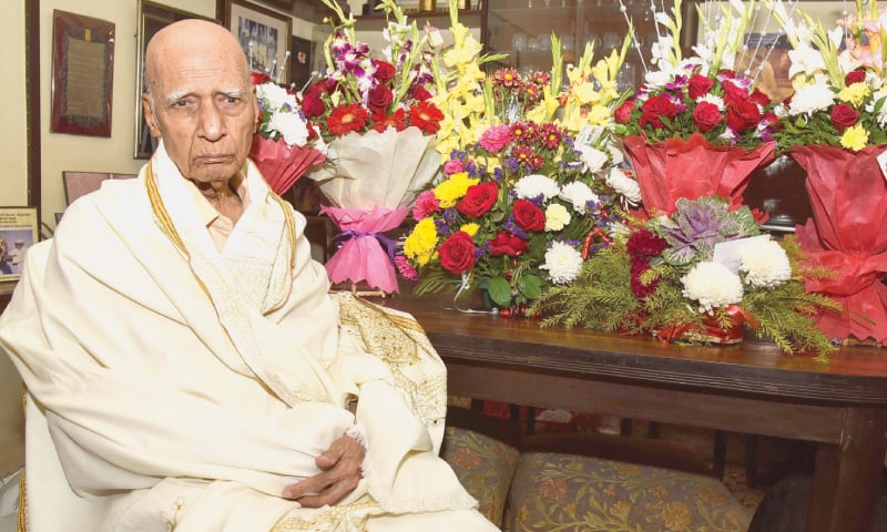 This Feb 18, 2019, file photo shows Khayyam posing for photographs during his 92nd birthday celebration at his home in Mumbai. — AFP