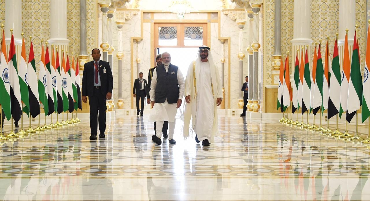 Indian Prime Minister Narendra Modi with Abu Dhabi Crown Prince Sheikh Mohammed bin Zayed Al Nahyan on Saturday. — Photo courtesy MEA India