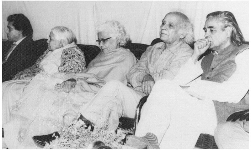 Remembering Faiz Ahmed Faiz at a function at the Karachi Press Club are, from right: Ali Sardar Jafri, Sibte Hasan, Ismat Chughtai and Amna Majeed Malik with a Palestine Liberation Organisation official visiting Karachi | Photo courtesy Asif Noorani