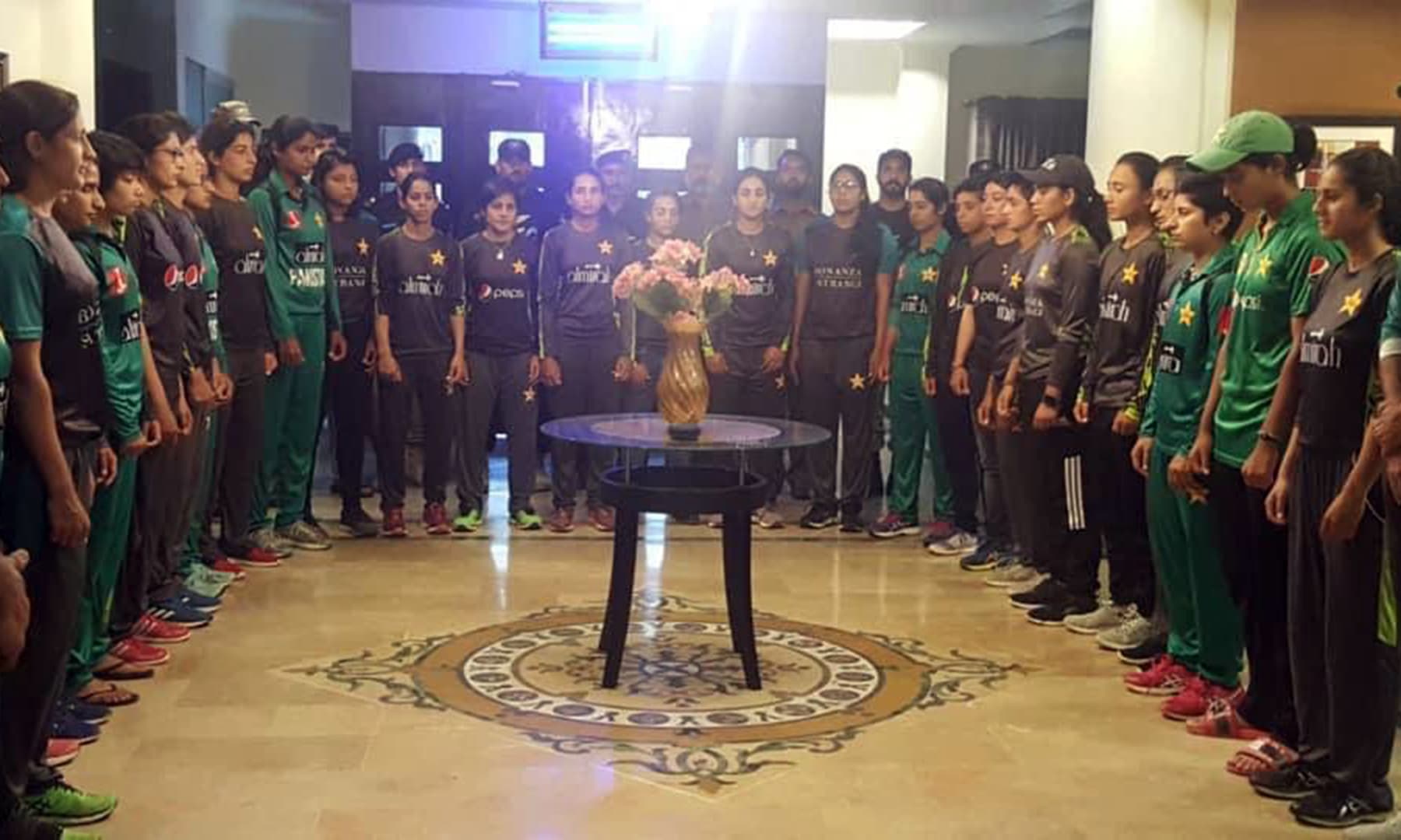 Members of the Pakistan women's cricket team and others stand in solidarity with occupied Kashmir. — Photo courtesy: PTI Twitter