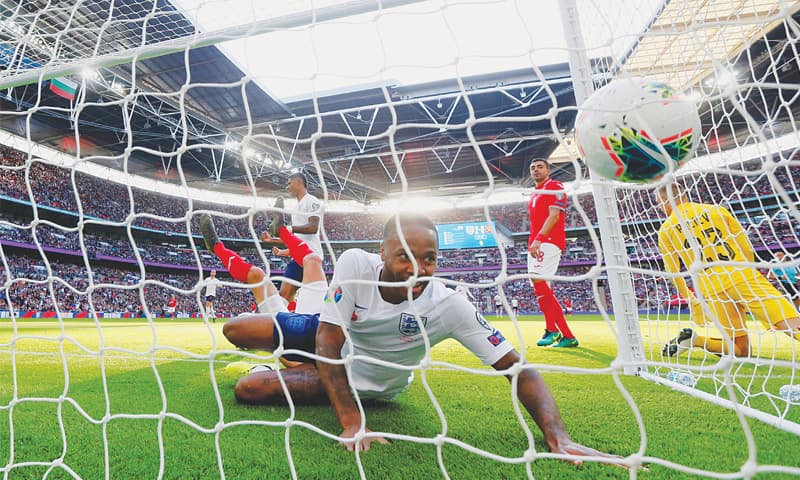 LONDON: England’s Raheem Sterling scores during the Euro 2020 qualifier against Bulgaria at the Wembley Stadium.—Reuters