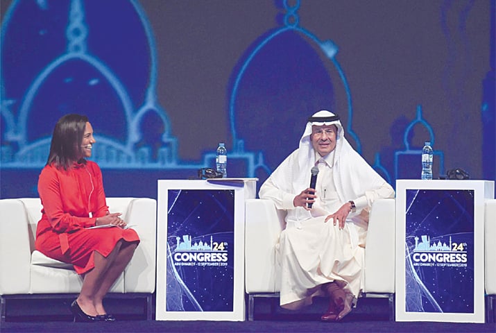 ABU DHABI: Saudi Arabia’s newly appointed energy minister, Prince Abdulaziz bin Salman, speaks during the opening ceremony of the 24th World Energy Congress on Monday.—AFP