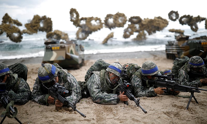 South Korean marines take part in a US-South Korea joint landing operation drill as part of the two countries' annual military training called Foal Eagle, in Pohang, South Korea on April 2, 2017. — Reuters