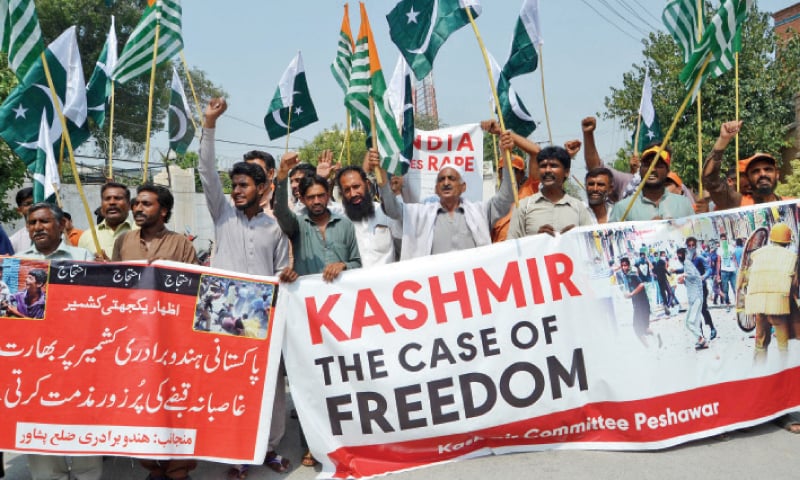 Hindu community activists stage a rally in Peshawar on Friday to express solidarity with Kashmiris. — White Star