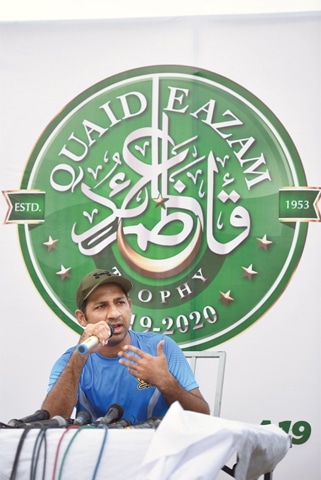 SARFRAZ Ahmed addresses a press conference at the UBL Sports Complex on Saturday.—Tahir Jamal/White Star