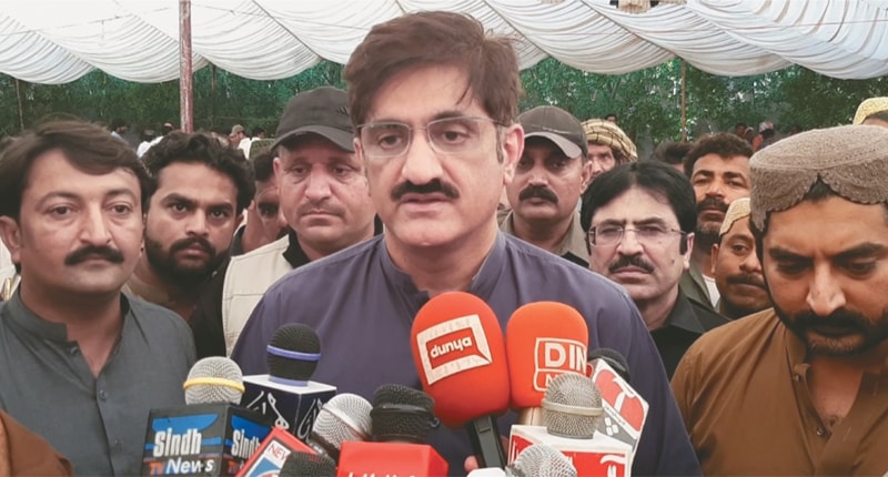 CHIEF Minister Syed Murad Ali Shah speaks to the media in Naining Sharif on Saturday.—Dawn