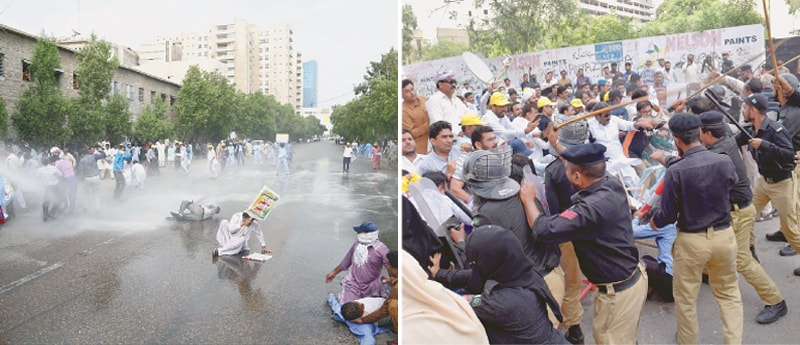 Police use a water cannon and baton charge against the  protesting headmasters to prevent them from marching on Chief Minister  House on Sunday. &mdash; Online / White Star