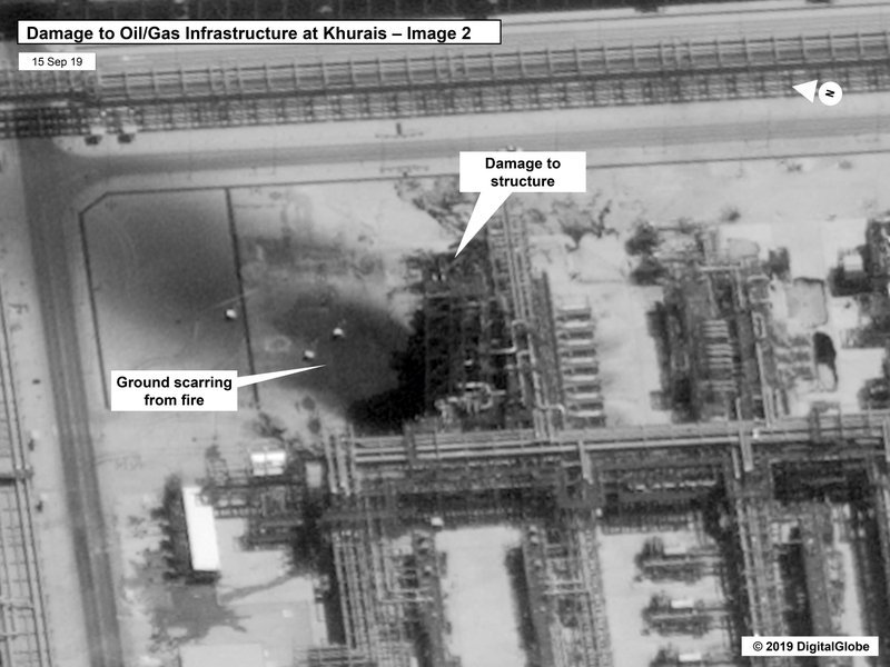 This image provided on Sunday by the US government and DigitalGlobe and annotated by the source, shows damage to the infrastructure at at Saudi Aramco's Kuirais oil field in Buqyaq, Saudi Arabia. ─ US govt/Digital Globe via AP