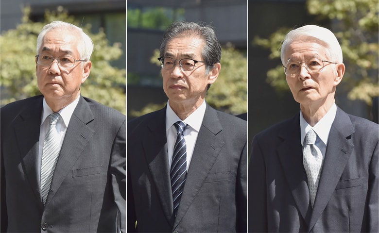 TOKYO: This combination of pictures shows three former executives from Tokyo Electric Power Company: Tsunehisa Katsumata (right), Ichiro Takekuro (centre) and Sakae Muto, arriving at a court to attend their trial.—AFP