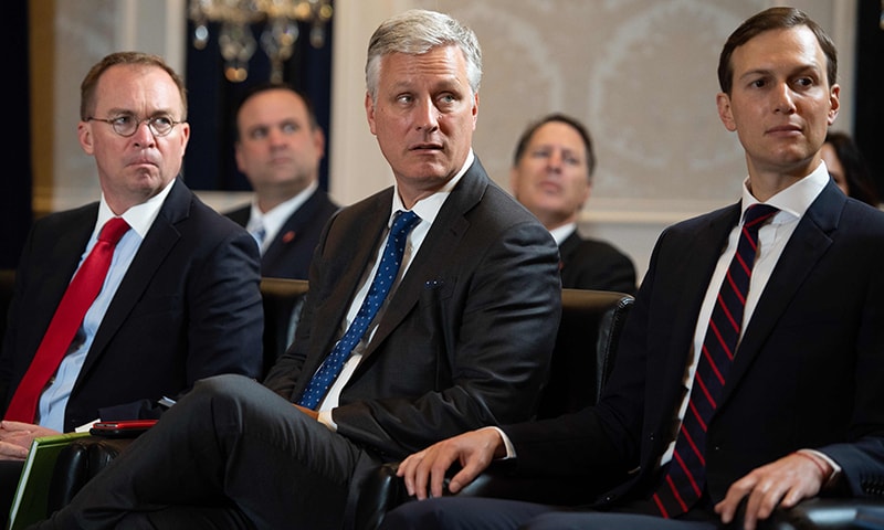 White House Chief of Staff Mick Mulvaney (L), National Security Advisor Robert O'Brien (C) and Senior Adviser Jared Kushner (R) attend a meeting between US President Donald Trump and Prime Minister Imran Khan in New York. — AFP