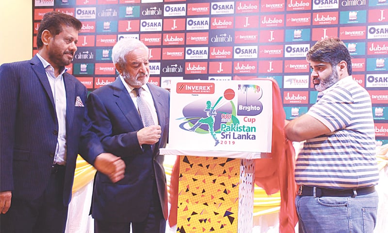 PCB chairman Ehsan Mani (second L) unveils the logo of the forthcoming Pakistan-Sri Lanka ODI series on Tuesday.—M.Arif/White Star