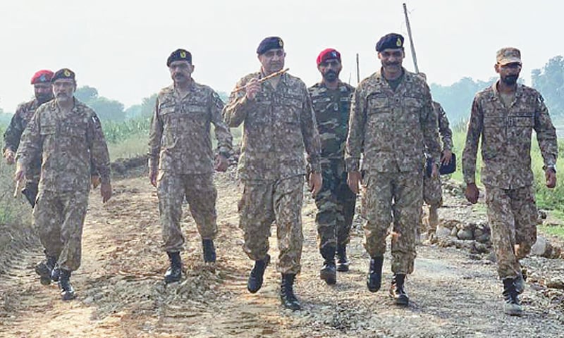 Chief of the Army Staff General Qamar Javed Bajwa visits an earthquake-affected area of Azad Jammu and Kashmir on Wednesday.—Online