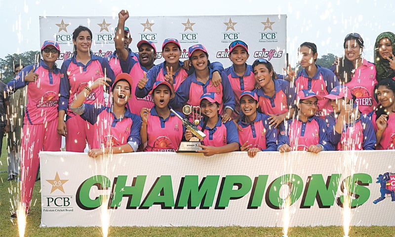 PLAYERS of PCB Blasters celebrate after winning the National Triangular One-day Women Cricket Championship at Lahore Gymkhana on Thursday.&mdash;M.Arif/White Star