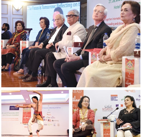Clockwise from top: (L-R) Writer Haseena Moin, Muneeza Shamsie, Ikram Sehgal, Iftikhar Arif, French Ambassador Dr Marc Barety and Naveed Shahzad sit on stage during the opening ceremony of the Islamabad Literature Festival, Samia Liaquat Ali Khan speaks during the launch of the book, The Begum: A Portrait of Ra&rsquo;ana Liaquat Ali Khan. Tahmina Aziz is also seen, Iftikhar Masih performs a classical dance at the festival on Friday. &mdash; White Star