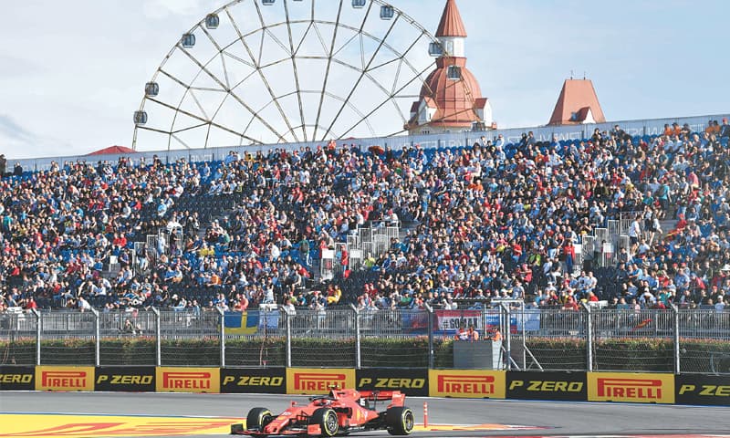 SOCHI: Ferrari’s Monegasque driver Charles Leclerc competes during the qualifying session for the Formula One Russian Grand Prix at The Sochi Autodrom Circuit on Saturday.—AFP SOCHI: Ferrari’s Monegasque driver Charles Leclerc competes during the qualifying session for the Formula One Russian Grand Prix at The Sochi Autodrom Circuit on Saturday.—AFP