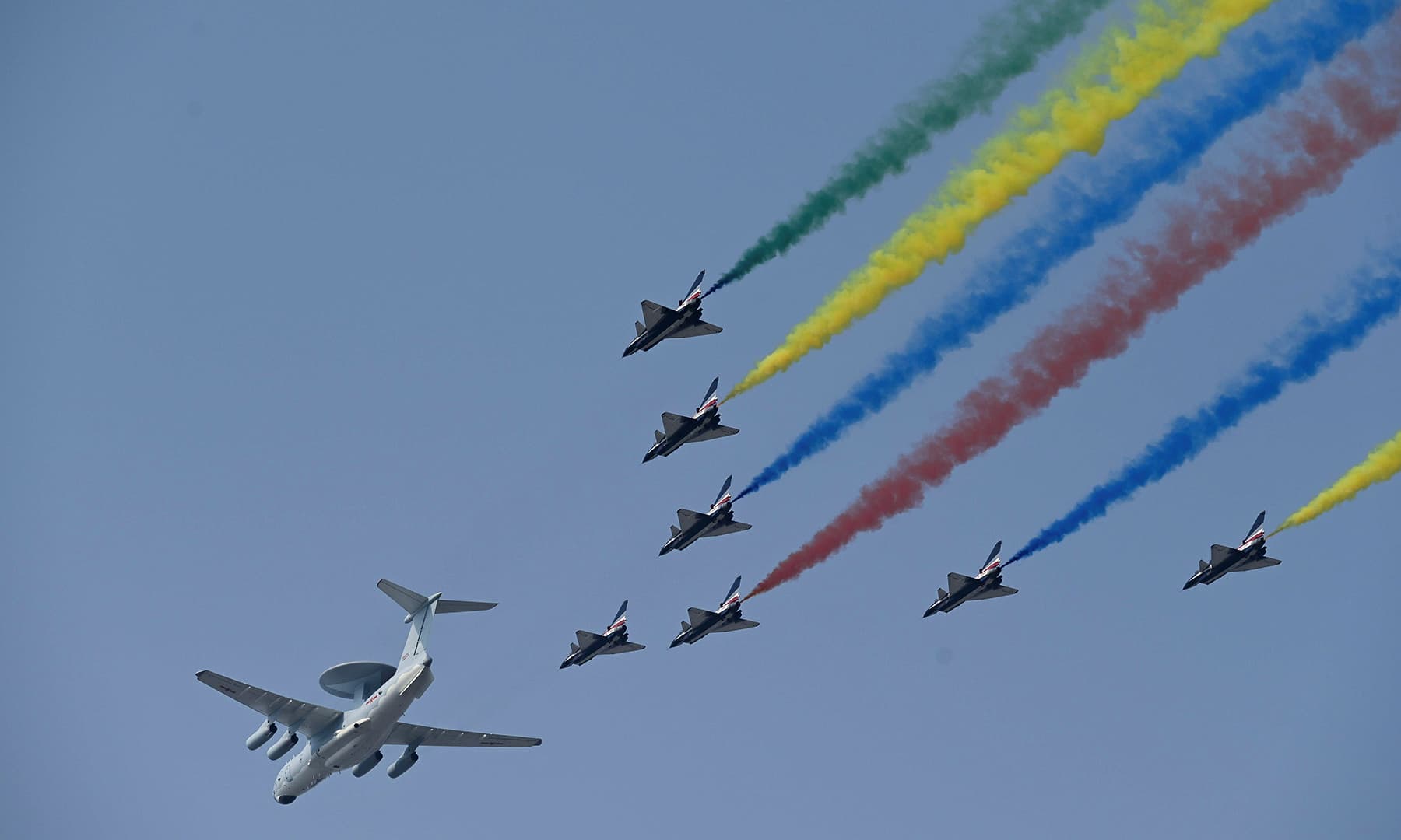 A formation of military airplanes, one KJ-2000 airborne early warning and control aircraft and eight J-10 multirole fighter jets, fly over Beijing during a military parade at Tiananmen Square. — AFP