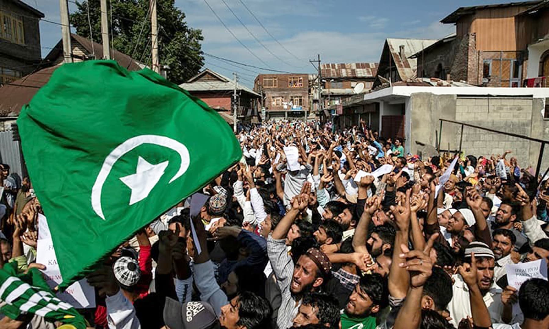 Kashmiris attend a protest after Eidul Azha prayers at a mosque during restrictions in Srinagar, August 12. — Reuters