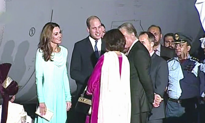 The Duke and Duchess of Cambridge are welcomed by Foreign Minister Shah Mehmood Qureshi and his wife at Nur Khan Airbase. — DawnNewsTV