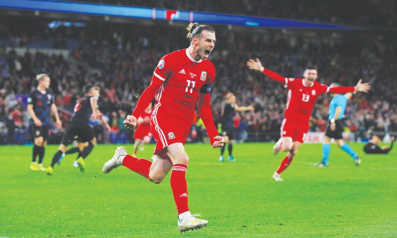 CARDIFF: Wales’ Gareth Bale celebrates after scoring during the Euro 2020 qualifier against Croatia at the Cardiff City Stadium.—Reuters