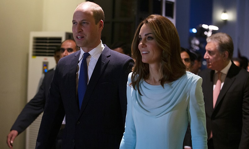 Britain's Prince William and his wife Kate arrive at the Nur Khan base in Islamabad, Pakistan on Monday, October 14, 2019. — AP