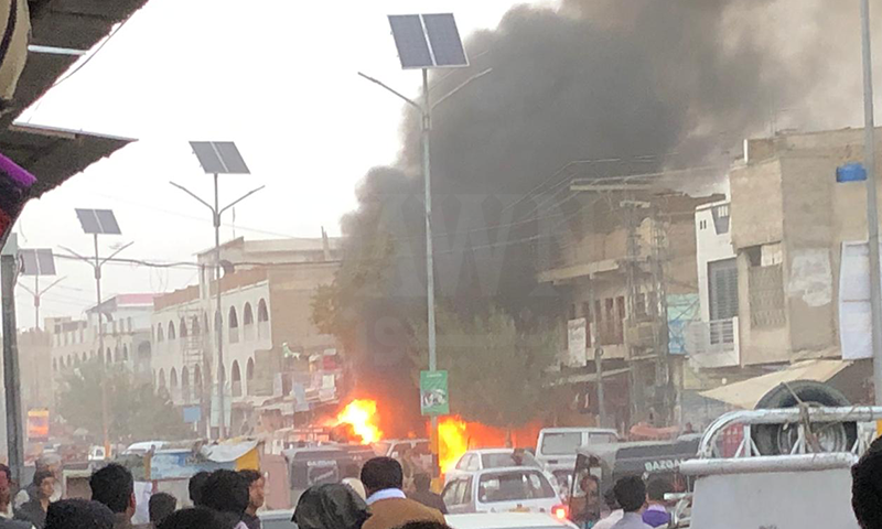 A fire is seen at the site  of the blast. &mdash; DawnNewsTV