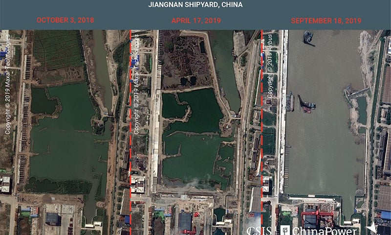 A combination image of satellite photos shows Jiangnan Shipyard in Shanghai, China on October 3, 2018, April 17, 2019 and September 18, 2019. — Reuters A combination image of satellite photos shows Jiangnan Shipyard in Shanghai, China on October 3, 2018, April 17, 2019 and September 18, 2019. — Reuters