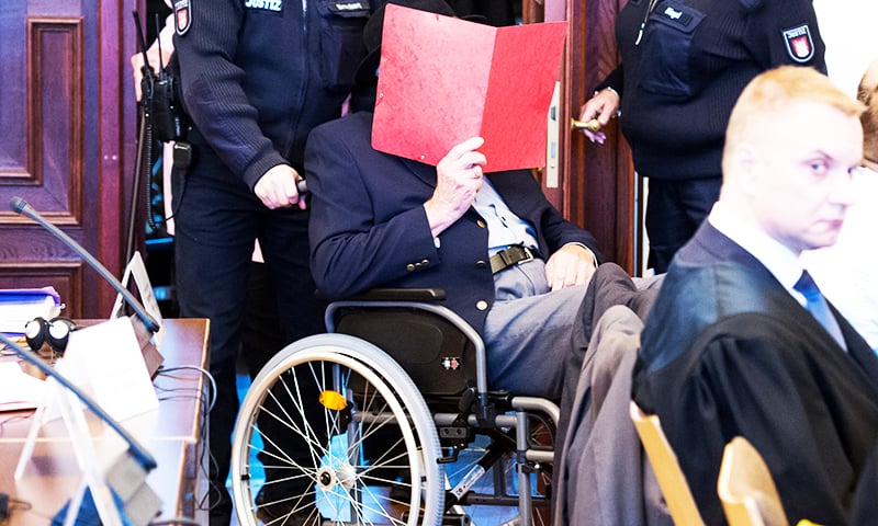 The 93-year-old German Bruno D. arrives for his trial in Hamburg court, Germany, October 17, 2019. — Reuters