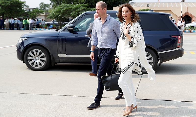 Britain's Prince William and Catherine, Duchess of Cambridge, depart from Lahore airport on Friday. — Reuters