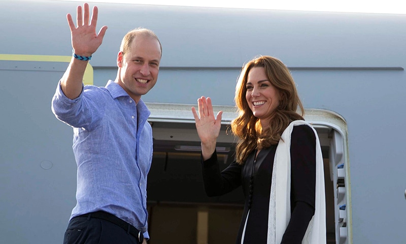 Britain's Prince William and Catherine, Duchess of Cambridge, wave as they depart Islamabad on Friday. &mdash; Reuters