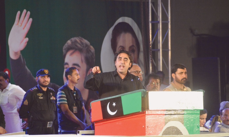 Pakistan Peoples Party chairman Bilawal Bhutto-Zardari addresses a public rally at Mazar-i-Quaid on Friday.—White Star