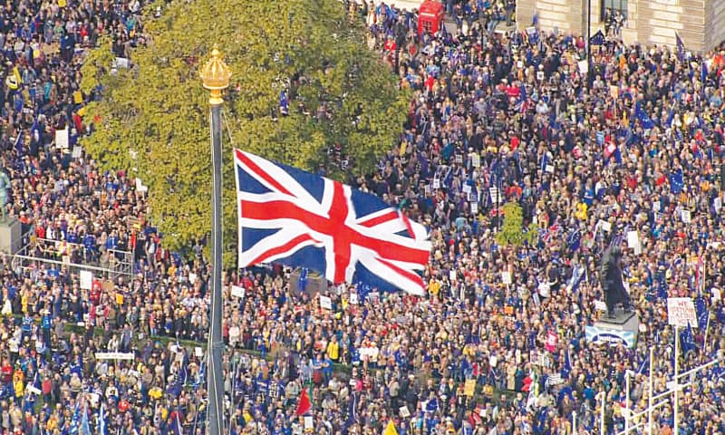 LONDON: An image grabbed from footage recorded and broadcast by the UK Broadcast Pool shows thousands of people taking part in a People’s Vote march calling for a final say in the form of a second Brexit referendum on Saturday.—AFP