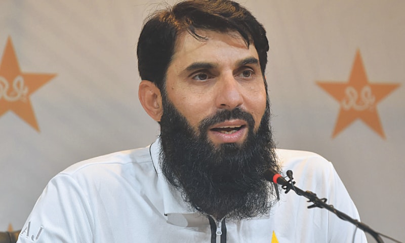 LAHORE: Pakistan head coach cum chief selector Misbah-ul-Haq gestures during a news conference on Monday.—M.Arif/White Star