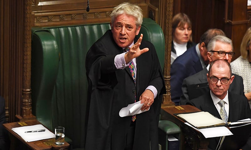 A handout photograph released by the UK Parliament shows UK Parliament Speaker John Bercow speaking in the House of Commons in London on Monday, on the European Union (EU) Withdrawal Act 2018 Motion. — AFP