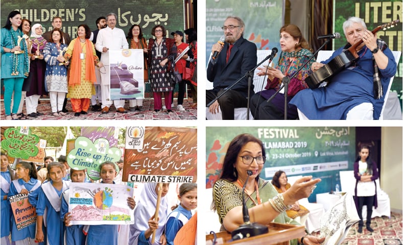 Clockwise from top: Education Minister Shafqat Mahmood distributes CLF 2019-20 Awards among outstanding resource persons and partners, Sarwat Mohyuddin and Syed Nusrat Ali recite poetry as Khaled Anam plays the guitar during the Shair-o-Shairi, Tanz-o-Mazah session, Rumana Husain reads from the book Jingles in the Jungle launched during the &lsquo;Children&rsquo;s books from around the world&rsquo; session while students carry banners during &lsquo;The March for Climate Justice and Right to Education at the Children&rsquo;s Literature Festival on Wednesday. &mdash; Photos by Tanveer Shahzad
