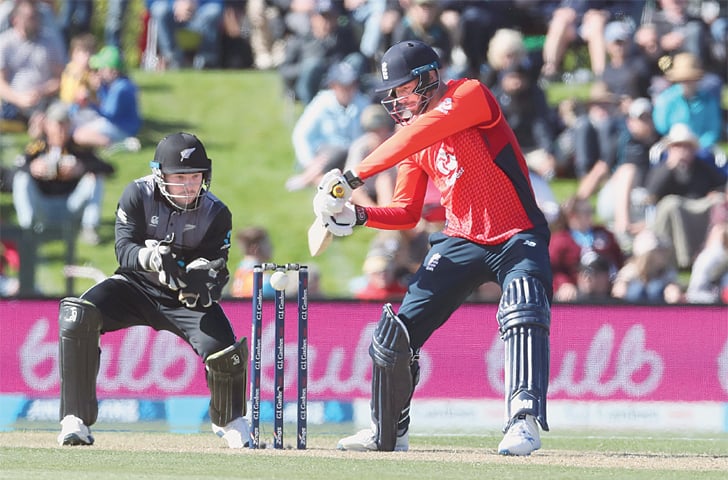 CHRISTCHURCH: England batsman James Vince cuts during the first Twenty20 International against New Zealand at the Hagley Oval on Friday.—AP