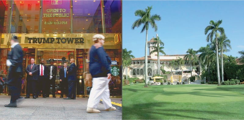 This combination of file pictures shows a woman walks past Trump Tower in New York and the Mar-a-Lago Club in Palm Beach, Florida.&mdash;AFP