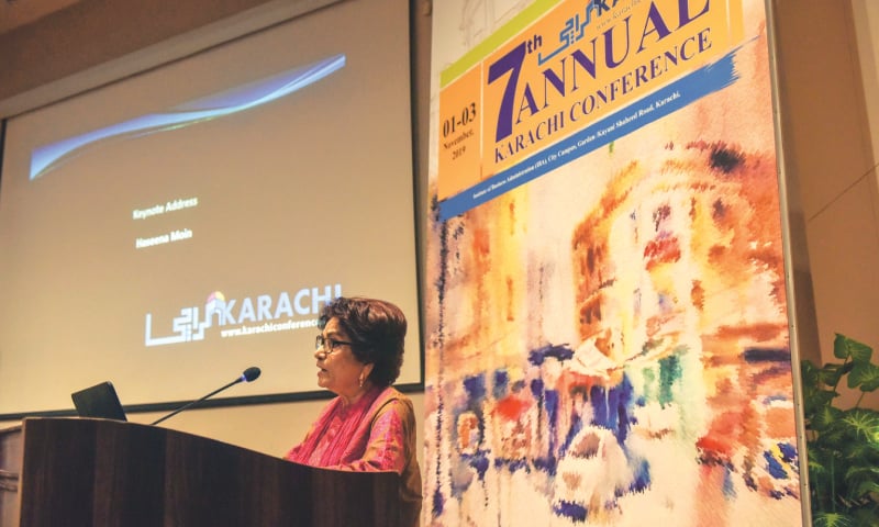 Writer Haseena Moin delivers the keynote address at the conference on Saturday.—White Star