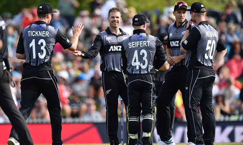 New Zealand's Lockie Ferguson (C) celebrates with teammates after bowling England's Lewis Gregory during the Twenty20 cricket match between New Zealand and England at Saxton Oval in Nelson on November 5, 2019. — AFP