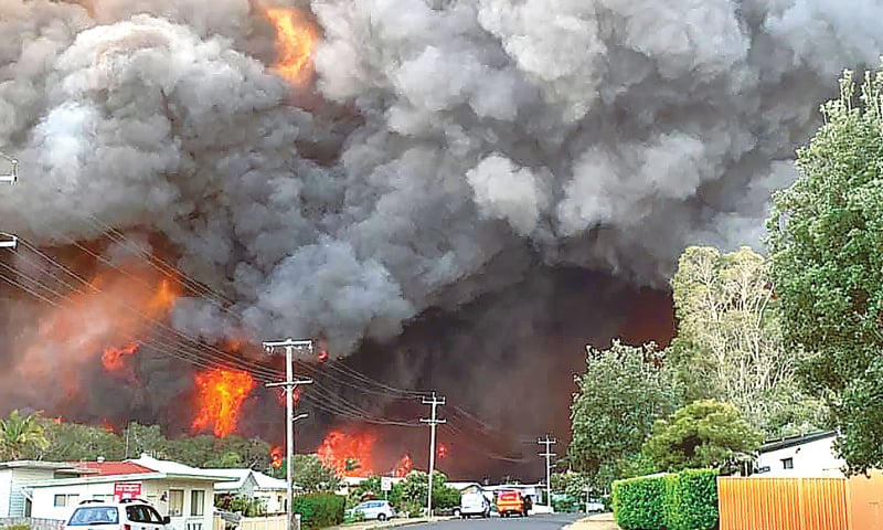 SYDNEY: Flames from a bushfire seen from a nearby residential area in Harrington, over 300 kilometres north-east 
of Sydney.&mdash;AFP