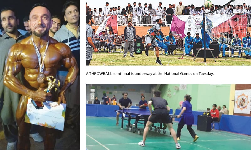 KISWER Ali of Wapda poses with his gold medal in 75kg weightlifting category. / A MIXED doubles table tennis match in progress at the National Games on Tuesday.
