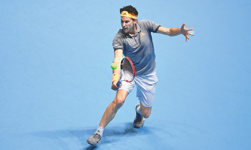 LONDON: Austria’s Dominic Thiem plays a return to Novak Djokovic of Serbia during their ATP finals match at the O2 Arena.—Reuters