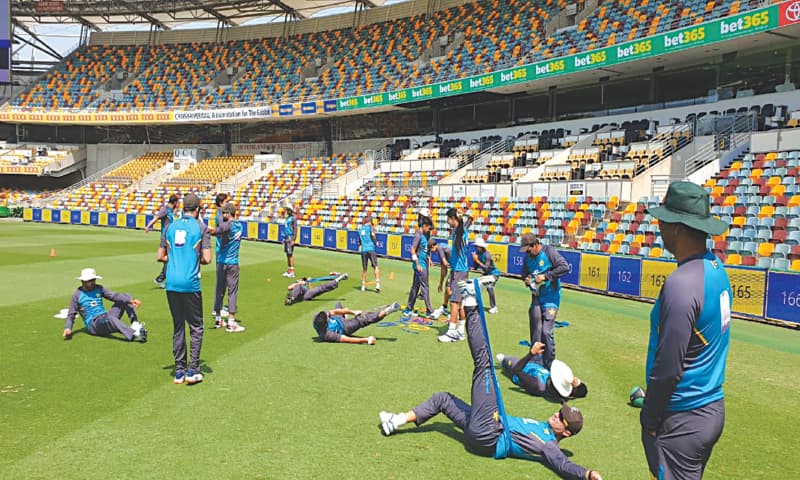 BRISBANE: Pakistan cricketers undergo physical exercises during a training session at the Gabba on Tuesday.—Courtesy PCB