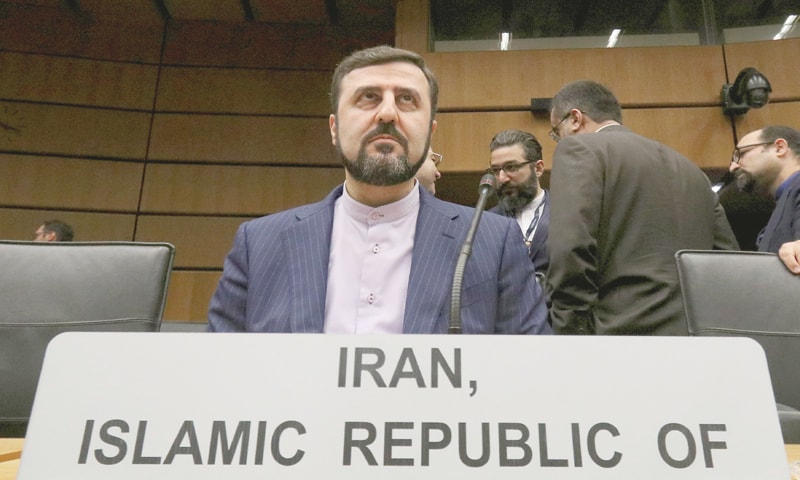 Vienna (Austria): Iran’s Ambassador to the IAEA Gharib Abadi waits for the start of the meeting on Thursday.—AP