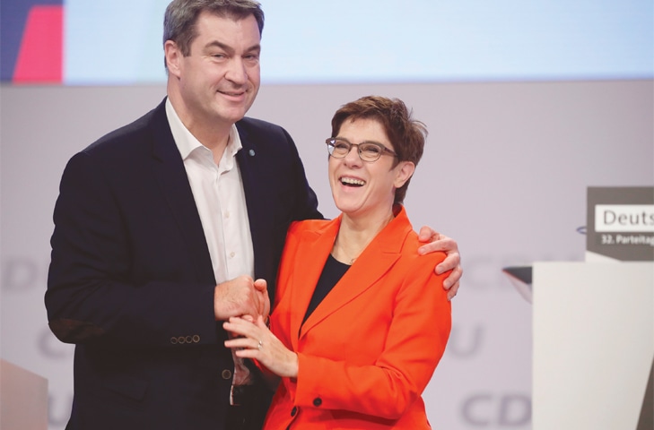 Leipzig (Germany): The leader of the Christian Democratic Union (CDU) Annegret Kramp-Karrenbauer (right) acknowledges Markus Soeder, leader of the conservative Christian Social Union (CSU), after his speech during a party congress of Germany’s Christian Democratic Union (CDU), which is the CSU’s sister party, on Saturday.—AFP