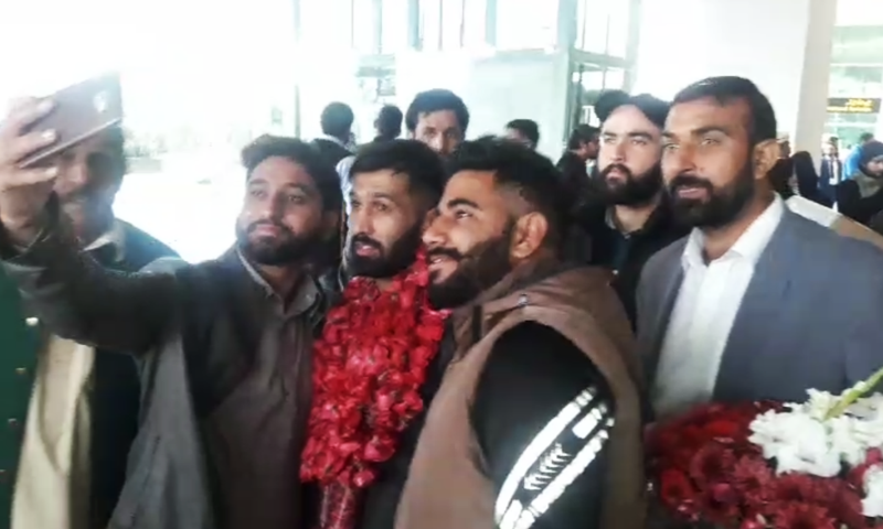 Pakistan’s professional boxer Mohammad Waseem arrives in Islamabad on Sunday.  — DawnNewsTV