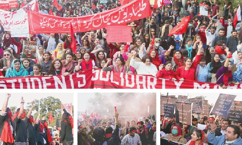 LAHORE: [Top] Participants of Student Solidarity March passing through Nasir Bagh on Friday. [Bottom, from left to right] Students perform 
a play outside the National Press Club in Islamabad. Marchers pictured at Karachi’s Saddar, and in Peshawar, students carrying placards inscribed with their demands hold a protest at Sher Shah Suri Road near Governor House.—Aun Jafri-White Star / Online / PPI / 
Shahbaz Butt-White Star