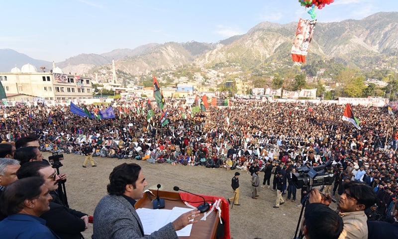 PPP Chairman Bilawal Bhutto Zardari addressing a gathering in Muzaffarabad on the party's 52nd foundation day on Friday. — Photo by author