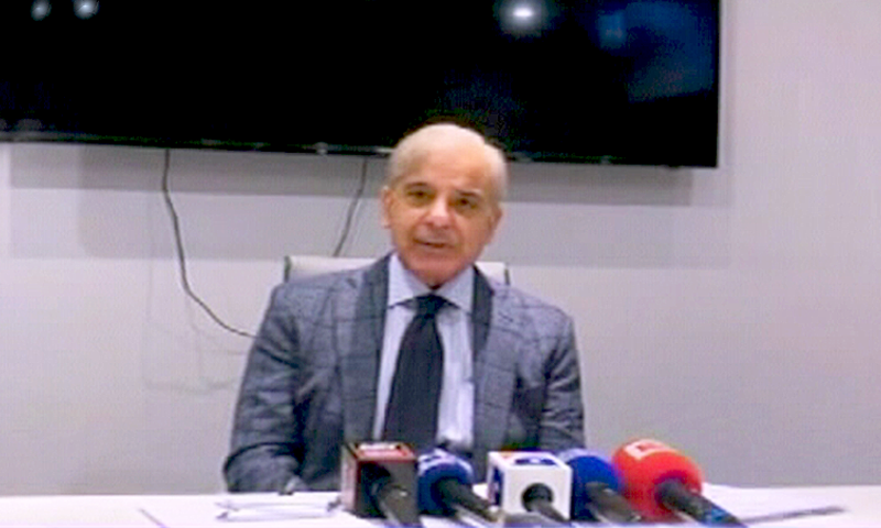 PML-N president Shehbaz Sharif  addressing a press conference in London. — DawnNewsTV