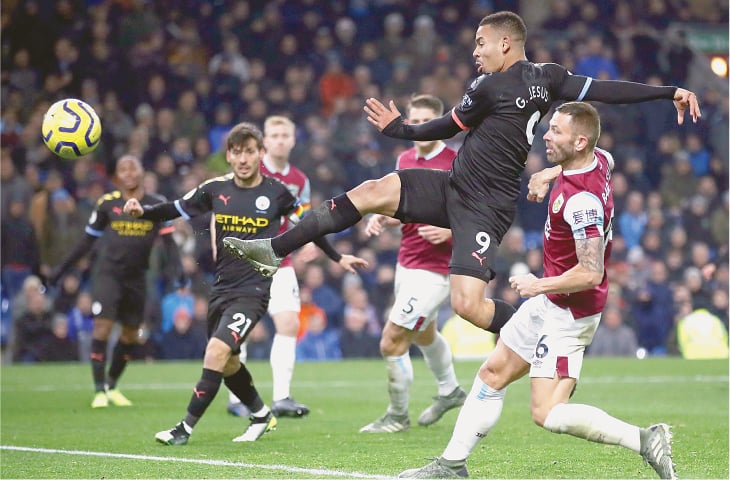 BURNLEY: Manchester City&rsquo;s Gabriel Jesus (second R) scores during the Premier League match against Burnley at Turf Moor.&mdash;AP