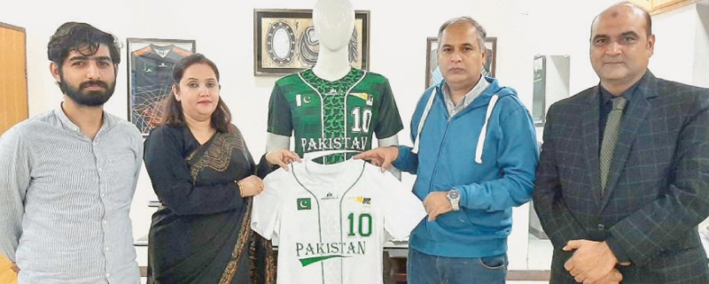 KARACHI: SFP chairperson Tehmina Asif and CEO Joshila Sports Samiul Rasool show off the kits for national softball team on Wednesday.